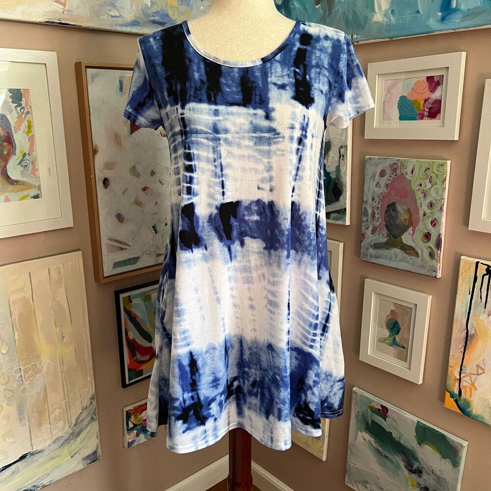 Demanding by Say What y2K Blue White Tie Dye Short Sleeve Mini Dress Grunge Sz S
